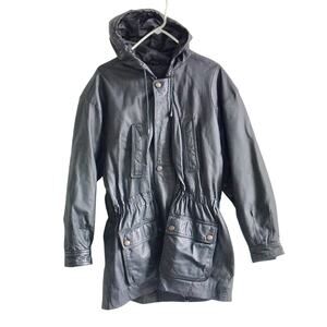 Vintage DANY Women Medium Black Leather Hooded Coat Jacket Drawstring Y2k Grunge